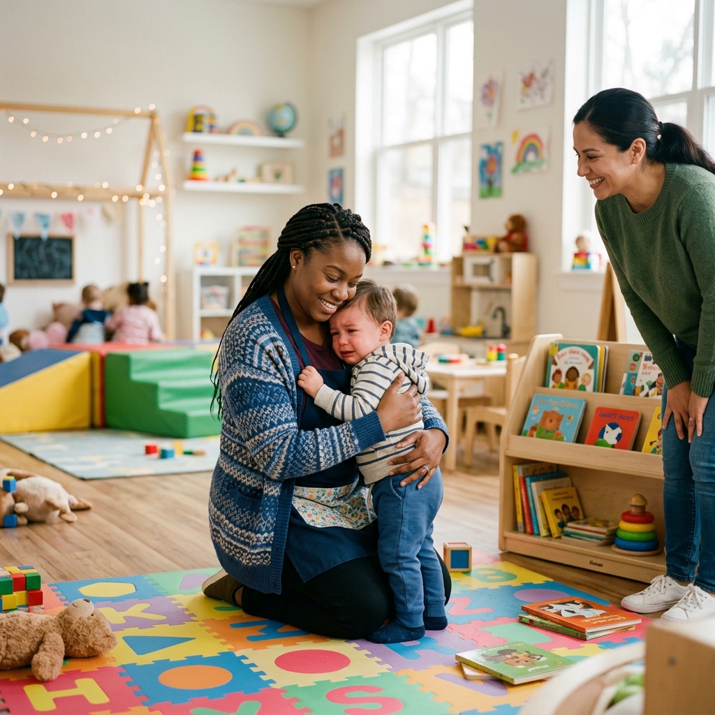 Mutter begleitet Kind bei der Eingewöhnung in der Kindertagespflege