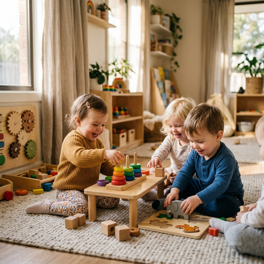 Tagesmutter oder Kita - ein Kind spielt glücklich